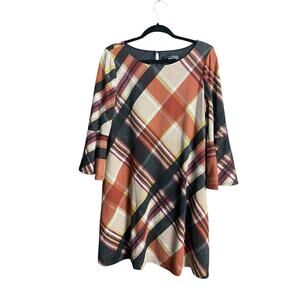 Jessica Howard Plaid Dress Women Size Large Bell Sleeves Black Orange Beige Fall